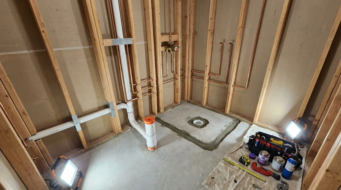 Bathroom rough-in plumbing during remodel by Johns Plumbing LLC in Rosiclare