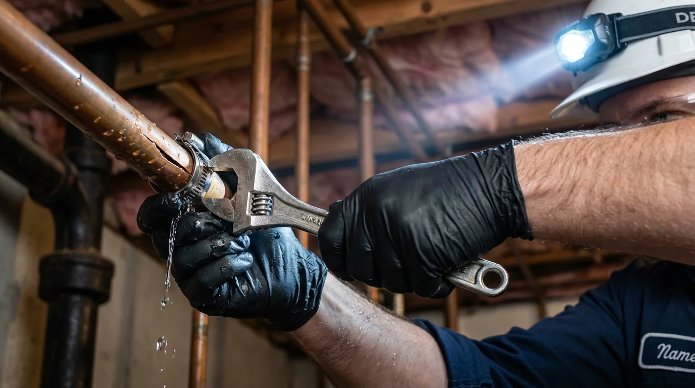 Emergency pipe clamp repair being performed by a Johns Plumbing LLC plumber in Rosiclare