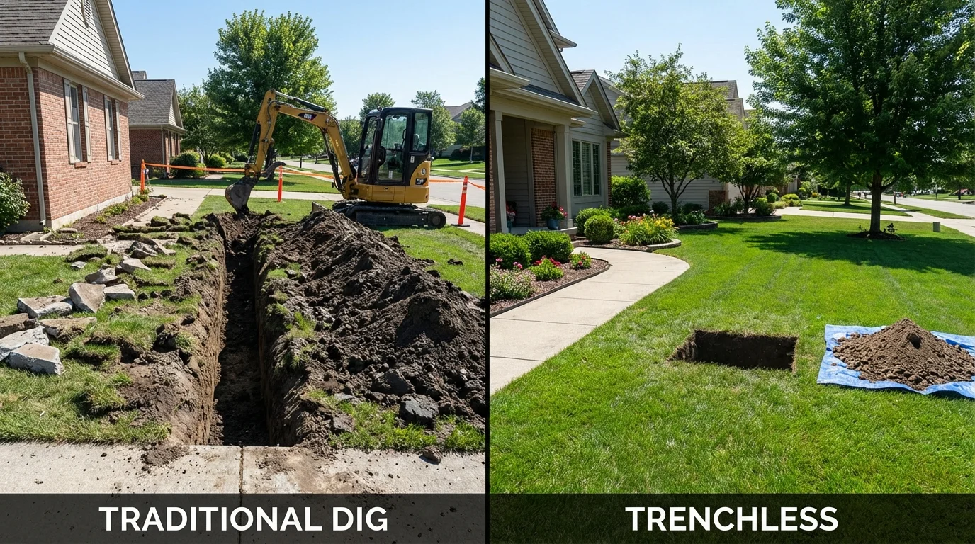 Trenchless sewer repair with minimal yard damage versus traditional excavation in Rosiclare, IL