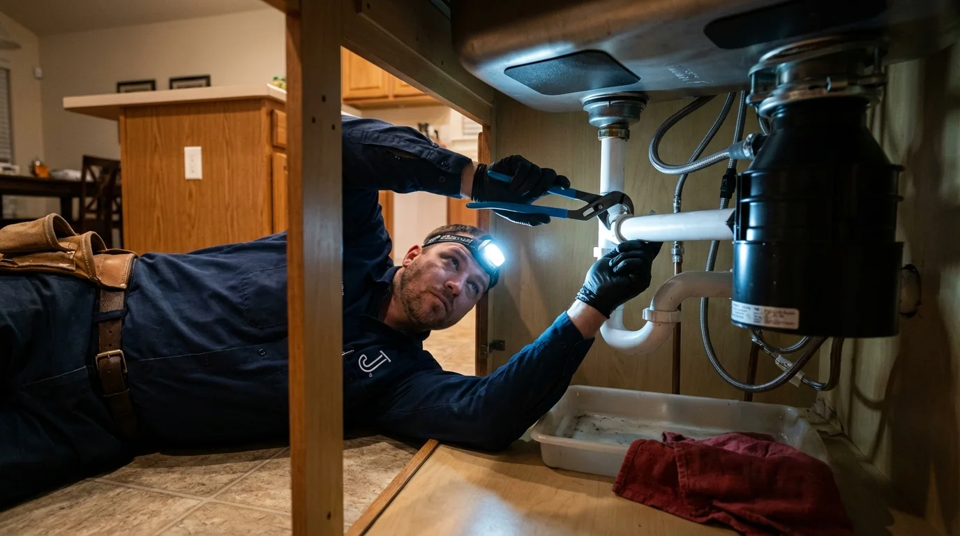 P-trap and supply line connections under a kitchen sink showing a common leak point in Rosiclare, IL